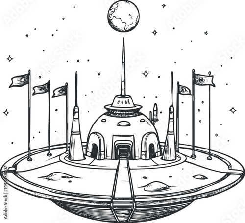 Black and white illustration of a futuristic moon base with flags, dome structure, and Earth in background