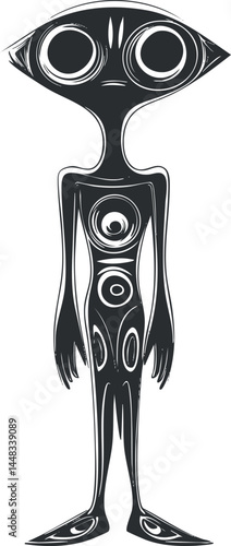 Black and white abstract illustration of a mysterious alien figure with large eyes and elongated limbs