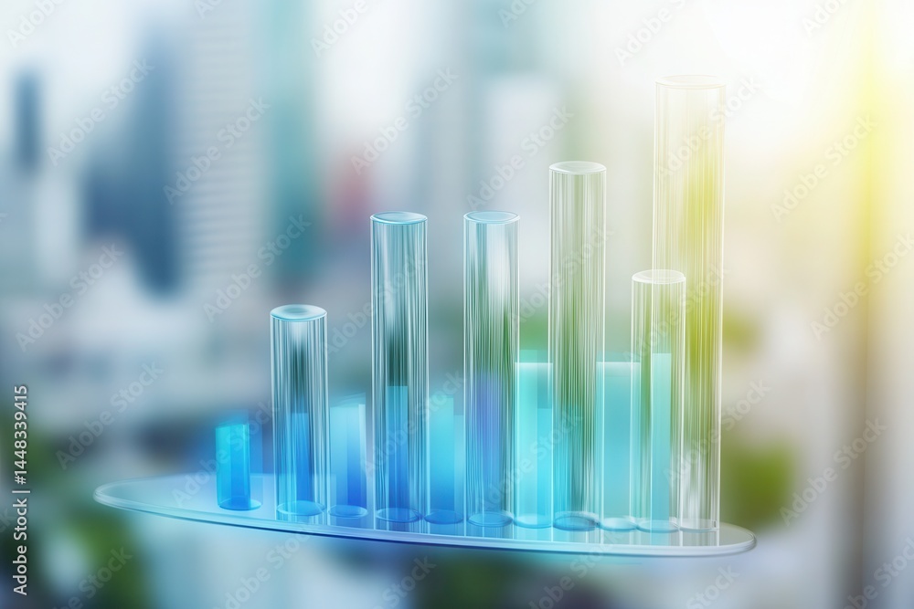 Transparent bar graph overlaying a cityscape, illustrating growth and progress in business Transparent bar graph overlaying a cityscape, illustrating growth and progress in business