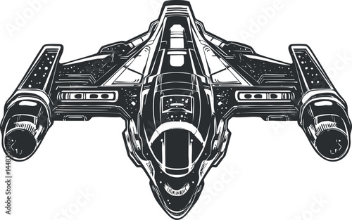 Fotografie Black and white vector illustration of a futuristic sci-fi spaceship fighter fro