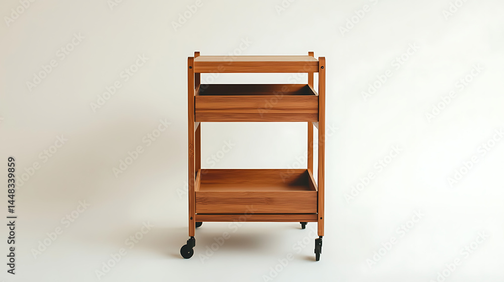 A wooden cart with two drawers sits on a white background A wooden cart with two drawers sits on a white background