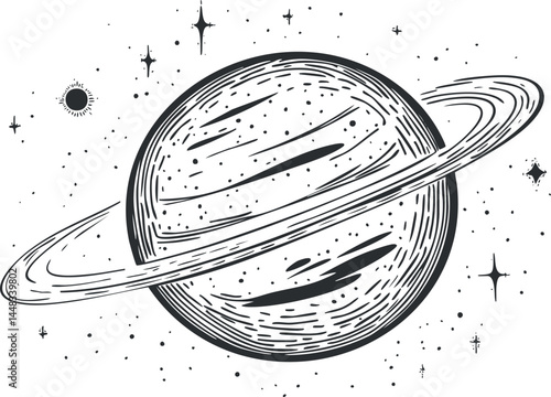 Black and white illustration of a ringed planet surrounded by stars in outer space
