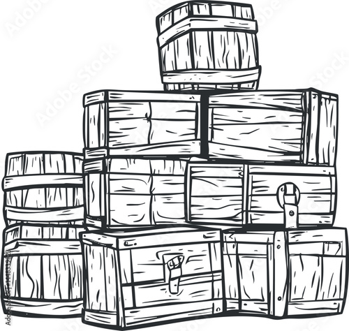 Black and white illustration of stacked wooden crates and barrels used for storage and shipping