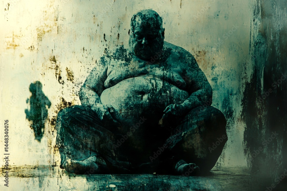 Senior discomfort. Old age difficulties. Obesity - issue in old age: abstract image of individual status. Metaphorical obesity awareness of a aging. Aging reality. Elderly pain management.