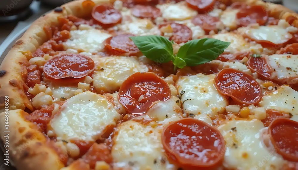 Delicious Pepperoni Pizza with Fresh Basil, a Classic Italian Food Close-Up Delicious Pepperoni Pizza with Fresh Basil, a Classic Italian Food Close-Up