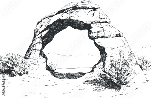 Black and white illustration of a natural rock arch formation in a desert landscape with bushes