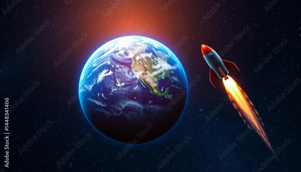 Obraz premium Earth, vibrant blue planet, rocket soaring amidst twinkling stars, astronomy, dark