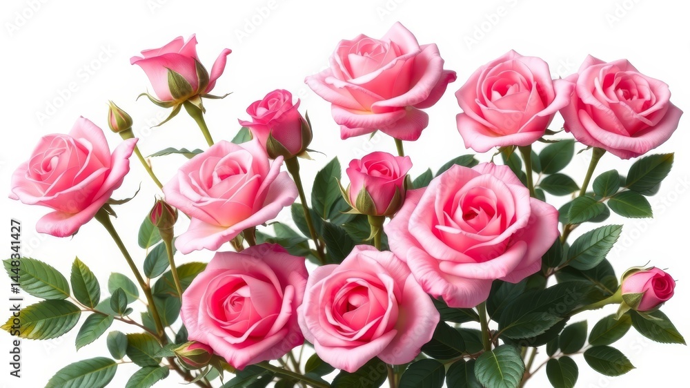 A delightful bouquet of pink roses with buds and green leaves is elegantly arranged against a pure white background. A delightful bouquet of pink roses with buds and green leaves is elegantly arranged against a pure white background.