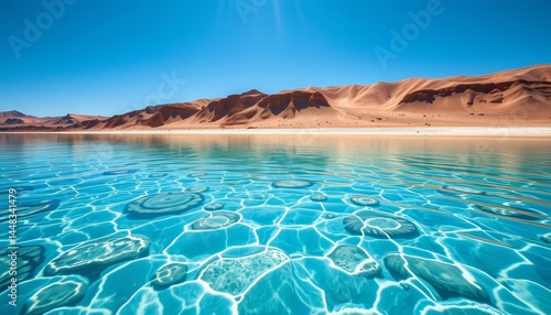 Shimmering mirage of crystal-clear water in a sun-drenched desert oasis  unbelievable  surreal