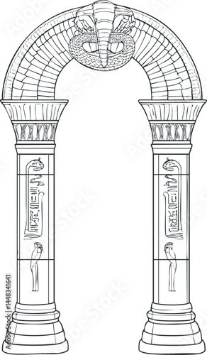 Ancient Egyptian arch with cobra snake decoration and hieroglyphs on stone columns outline illustration.