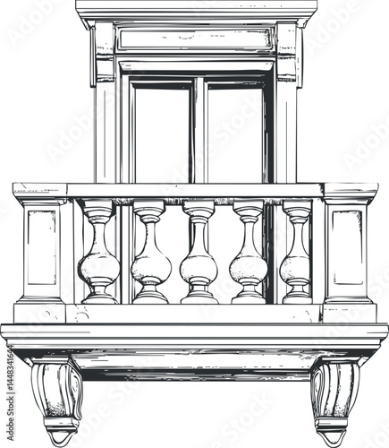Black and white sketch of a classic architectural balcony with ornate stone balustrade and window