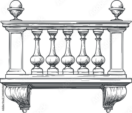 Vintage architectural balustrade with ornate classical balusters and decorative wooden details