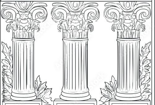 Detailed black and white illustration of three classical Corinthian columns with ornate capitals and fluted shafts.
