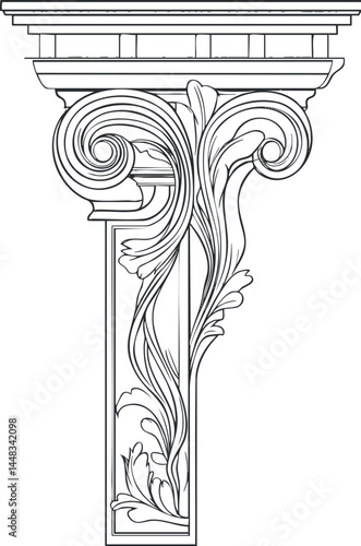 Detailed line art of an ornate classical architectural column capital with acanthus leaves and scroll design