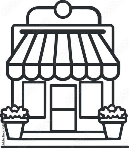 Black and white line icon of a small store or shop with an awning and flowerpots outside