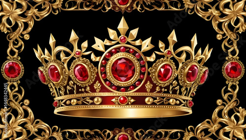 A regal crown, gold in color, is adorned with many ruby gems. The crown represents royalty, high quality, and being fit for a king.

