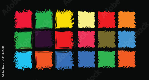 colorful squares, geometric pattern, vibrant hues, felt texture, black background, abstract design, grid layout, primary colors, secondary colors, fuzzy edges, textile art, minimalist composition, 