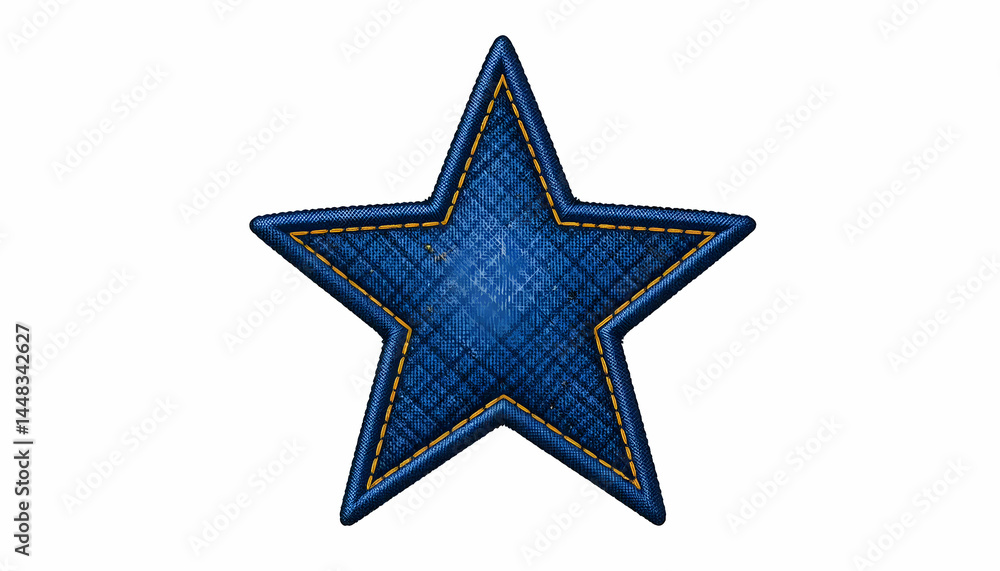 A blue star patch with defined edges. The star is geometric and symmetrical, with a flat surface and visible stitches.
A blue star patch with defined edges. The star is geometric and symmetrical, with a flat surface and visible stitches.