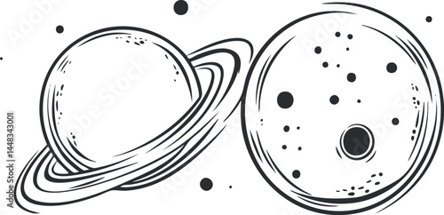Black and white sketch illustration of two planets in space, one with rings and stars scattered around