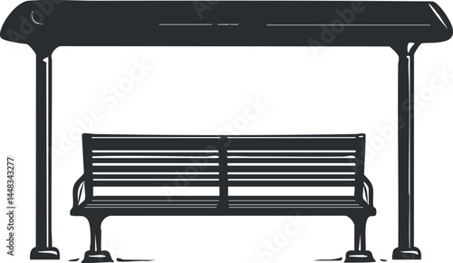 Black and white illustration of a bus stop shelter with a bench for public seating and waiting