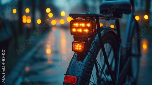 Urban bike with bright rear lights in a rainy evening