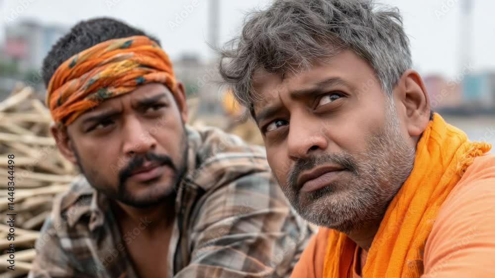 Reflections of Two Men in India: Two men in contemplative poses, captured in a natural and emotional photograph, share a moment of self-reflection on their life paths. Reflections of Two Men in India: Two men in contemplative poses, captured in a natural and emotional photograph, share a moment of self-reflection on their life paths.