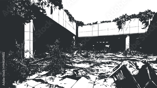 Black and white illustration of an abandoned urban ruin with broken concrete and overgrown vegetation