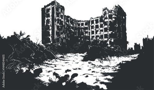 Black and white illustration of a large abandoned and ruined building surrounded by debris and destruction