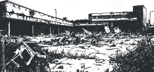 Black and white illustration of an abandoned urban building with overgrown weeds and cracked concrete