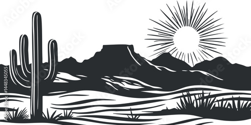 Black and white vector illustration of a desert landscape with cactus, mountains, and sun