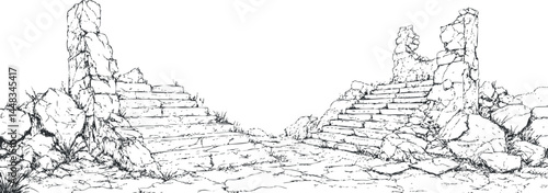 Black and white sketch of ancient stone stairs and ruins with cracked rocks and overgrown grass
