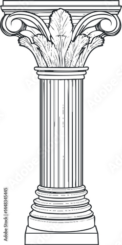 Detailed black and white illustration of a classical Corinthian architectural column with ornate capital and fluted shaft