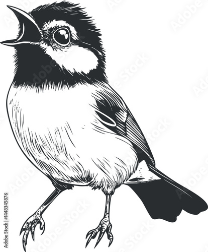 Black and white detailed illustration of a small songbird perched, singing with open beak.
