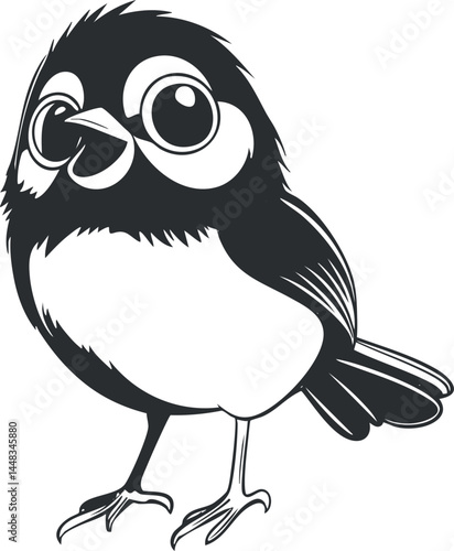 Black and white cartoon illustration of a small cute bird with big eyes and rounded body