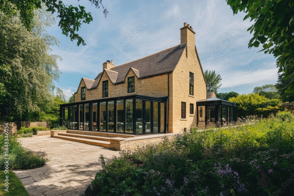 Fototapeta premium Charming countryside home features large glass extension surrounded by lush green landscape and manicured gardens under bright blue sky