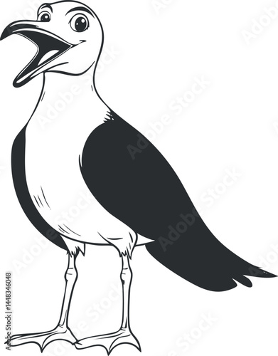 Cartoon illustration of a happy seagull bird standing with open beak and spread wings