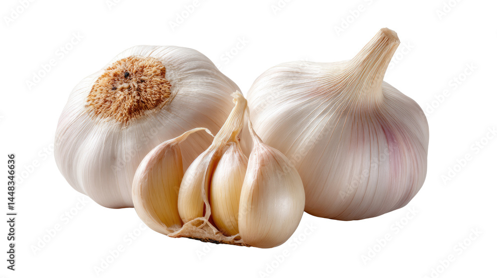 Fresh Garlic Bulbs Close Up: A vibrant studio shot of fresh garlic bulbs and cloves, perfect for culinary endeavors, showcasing the natural texture of this versatile ingredient. Fresh Garlic Bulbs Close Up: A vibrant studio shot of fresh garlic bulbs and cloves, perfect for culinary endeavors, showcasing the natural texture of this versatile ingredient.
