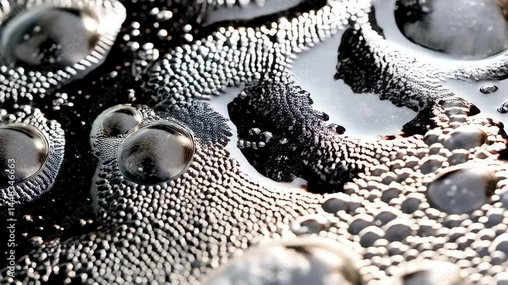 Close-up of shiny water bubbles and foam creating an abstract pattern, liquid texture with reflections and surface tension, gray tones and macro detail Close-up of shiny water bubbles and foam creating an abstract pattern, liquid texture with reflections and surface tension, gray tones and macro detail