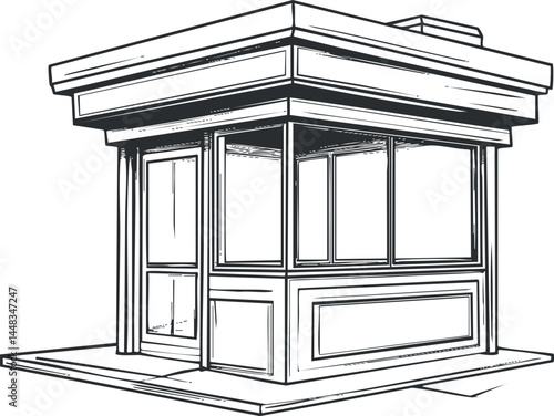 Monochrome sketch of a small retail kiosk building with windows and door on a platform