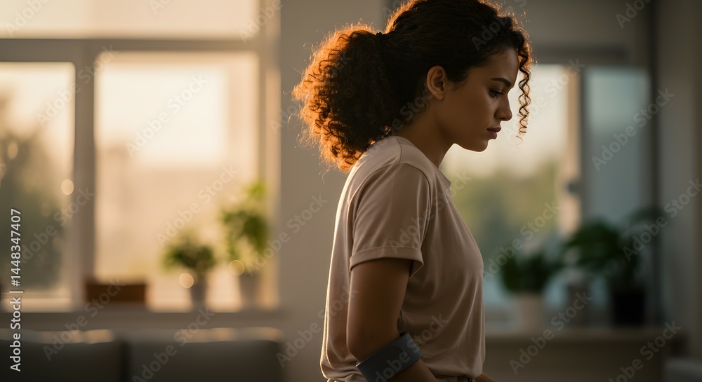 Thoughtful Young Woman Standing by Window in Soft Golden Sunlight, Feeling Reflective and Peaceful Thoughtful Young Woman Standing by Window in Soft Golden Sunlight, Feeling Reflective and Peaceful