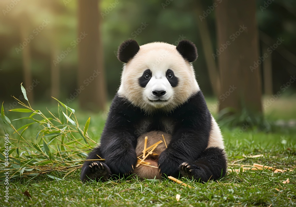 Obraz premium Adorable Giant Panda Cub Amidst Lush Bamboo in its Natural Habitat