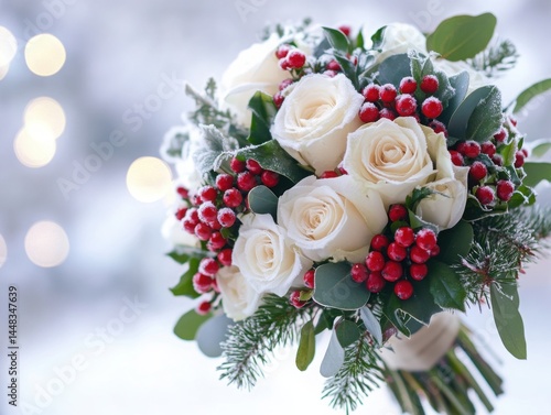Fototapeta Naklejka Na Ścianę i Meble -  Elegant bouquet with greenery and berries featuring pine branches, frosted red berries, and white roses in soft-focus winter light, luxurious holiday wedding aesthetic, natural festive concept

