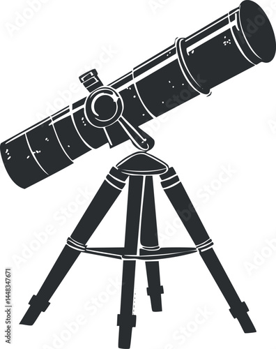 Black and white vector illustration of a telescope on a tripod for astronomical observation and stargazing