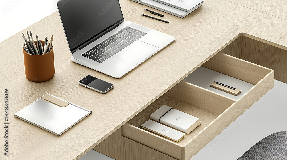 A desk with a laptop, a cell phone, a pen, and a notebook A desk with a laptop, a cell phone, a pen, and a notebook