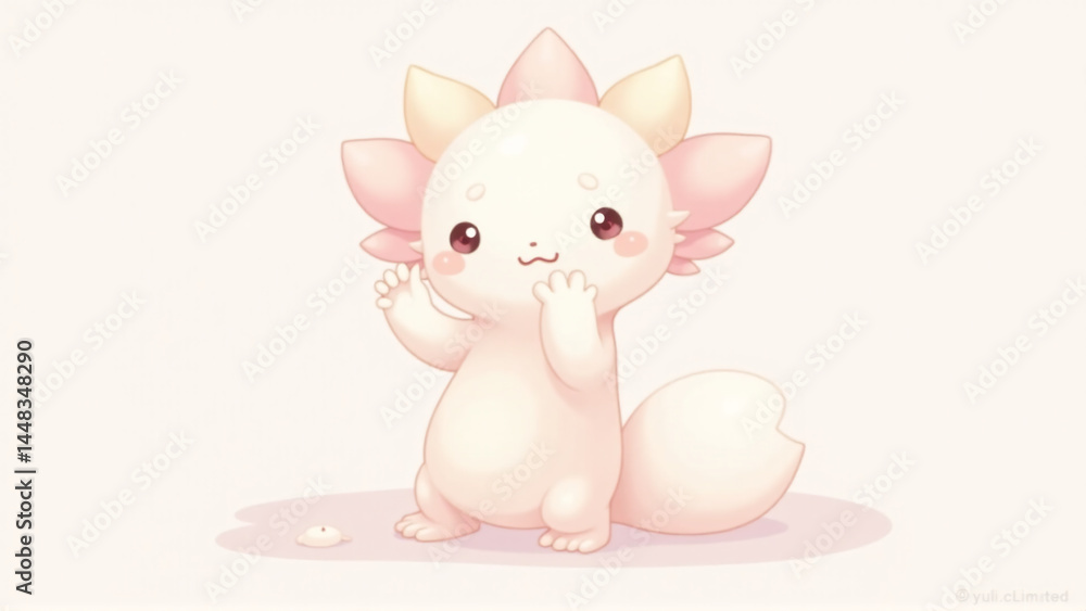 Pastel Greetings: Kawaii Albino Axolotl Waving on Transparent Pastel Greetings: Kawaii Albino Axolotl Waving on Transparent