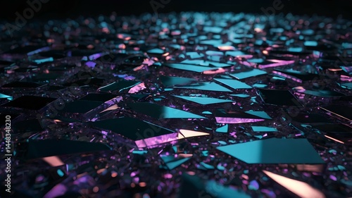 A futuristic 3D render featuring a large crystal surrounded by shattered glass fragments on a reflective surface. Illuminated by neon blue and pink lights, the scene evokes a surreal, abstract