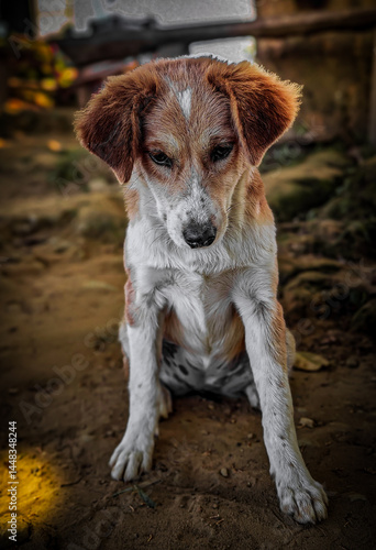 Close up Portrait of a sad Stray Dog Sitting on Village Path
