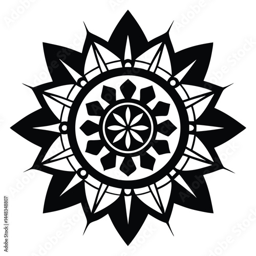 detailed black and white geometric floral mandala, intricate repeating patterns, symmetrical design, sharp contrast, precise lines, engraved style
