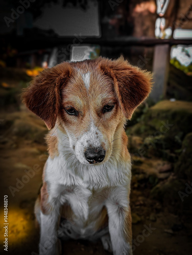 Close up Portrait of a sad Stray Dog Sitting on Village Path