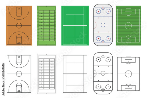 Set of sport field. Handball, basketball, volleyball, tennis, futsal and mini football court. Ice hockey rink. Rugby, soccer, american football field. Line art style.